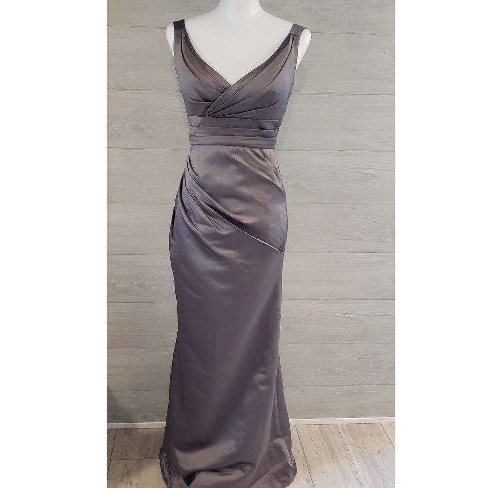 Bill Levkoff Fitted Deep V Long Silver Taupe Formal (2)